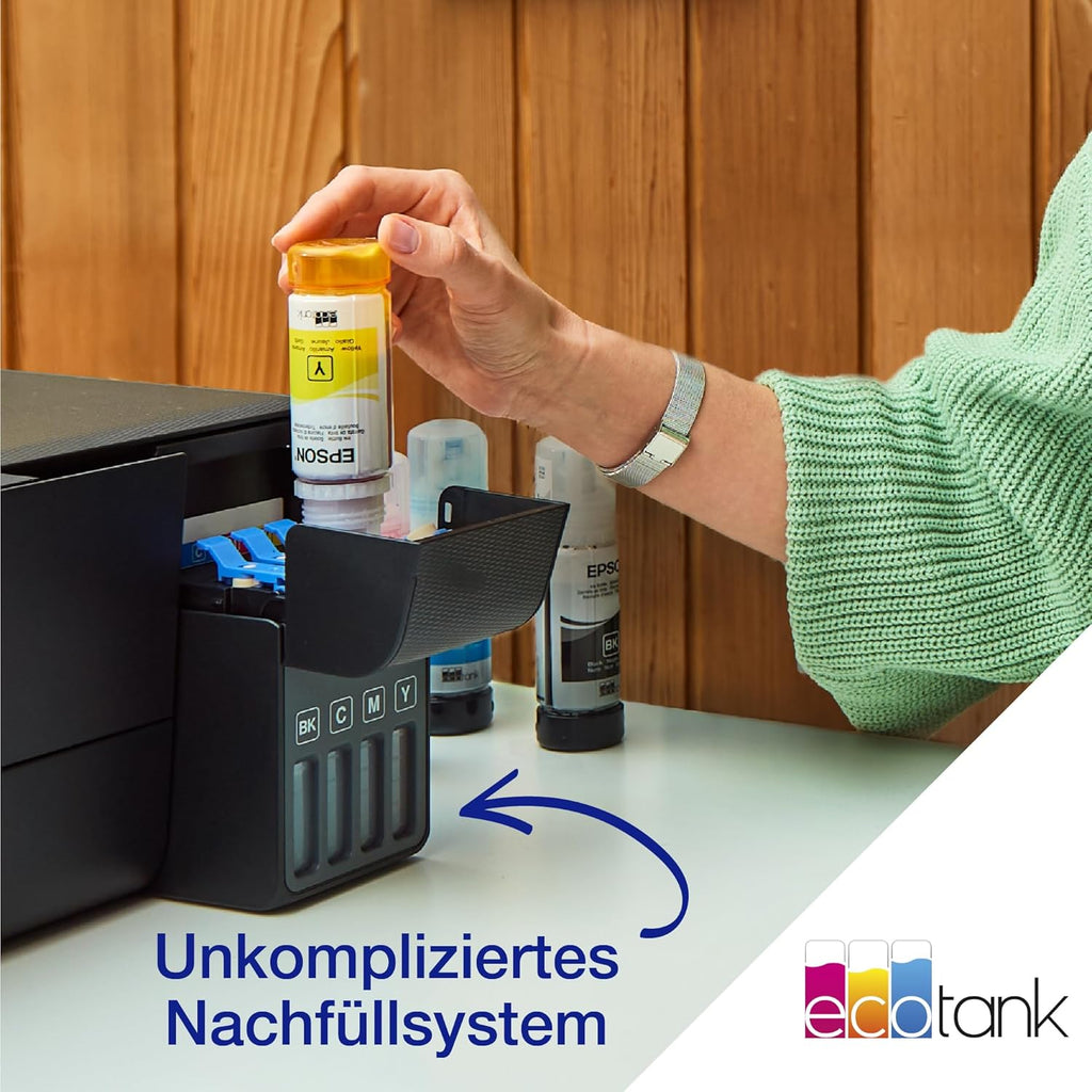 EcoTank ET-2862 Multifunktionsdrucker 3-in-1 A4, nachfüllbare Tanks, hohe Kapazität, 4 Flaschen enthalten 4500 Seiten B/N 7500 Seiten, Farbe, LCD-Display, USB, Wi-Fi/Direct beidseitig, Schwarz