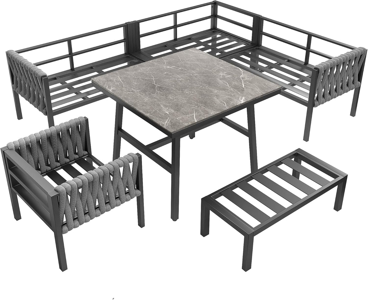 Merax Gartenmöbel Set 8-9 Personen, Sitzgruppe Gartenlounge Set mit Kissen & Tisch, Outdoor Ecksofa-Set aus verzinktem Eisen, handgeflochten dickem Seil, Essgruppe für Garten Balkon Terrasse, Grau