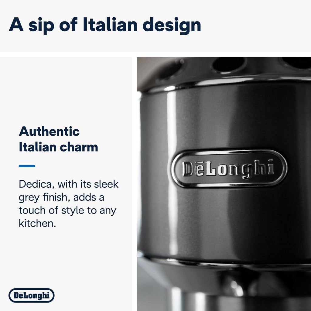 De'Longhi Dedica Style EC 685.M â€?Espresso Siebtrgermaschine, Espressomaschine mit professionellem Milchaufschumer, nur 15 cm breit, für Kaffeepulver oder ESE Pads, 1 l Wassertank, silber