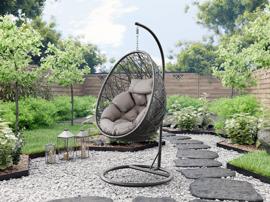 Mirjan24 Hängesessel mit Gestell und Kissen Bordia, Hängestuhl mit Rückenkissen, Hängesitz, Hängekorb, Stahlskelett, Indoor & Outdoor (grau/Kissen: grau)
