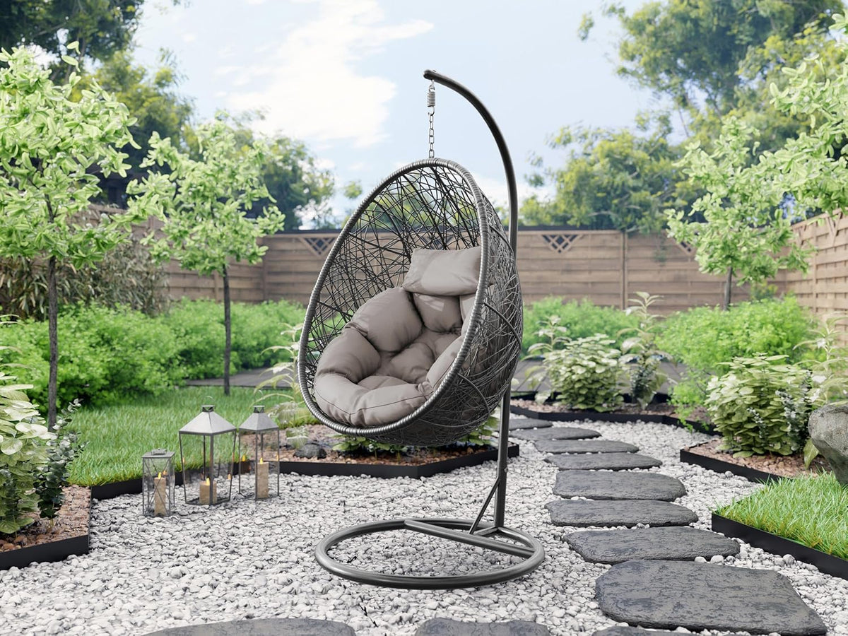 Mirjan24 Hängesessel mit Gestell und Kissen Bordia, Hängestuhl mit Rückenkissen, Hängesitz, Hängekorb, Stahlskelett, Indoor & Outdoor (grau/Kissen: grau)