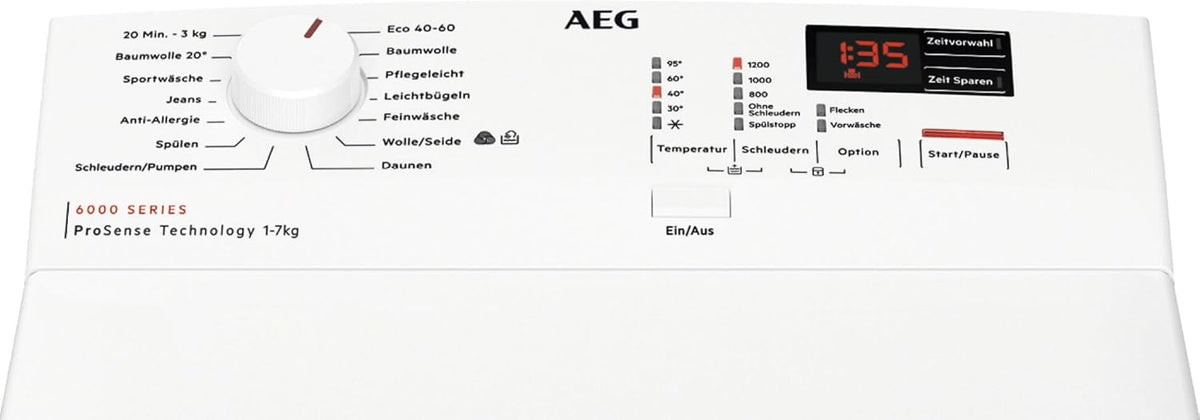 AEG Waschmaschine Toplader, 40 cm, 7 kg, Serie 6000 ProSense - Mengenautomatik - Smarte Beladungserkennung, EEK B, Nachlegefunktion, Wasserstopp, Inverter Motor, 1200 U/min, LTR6N40270