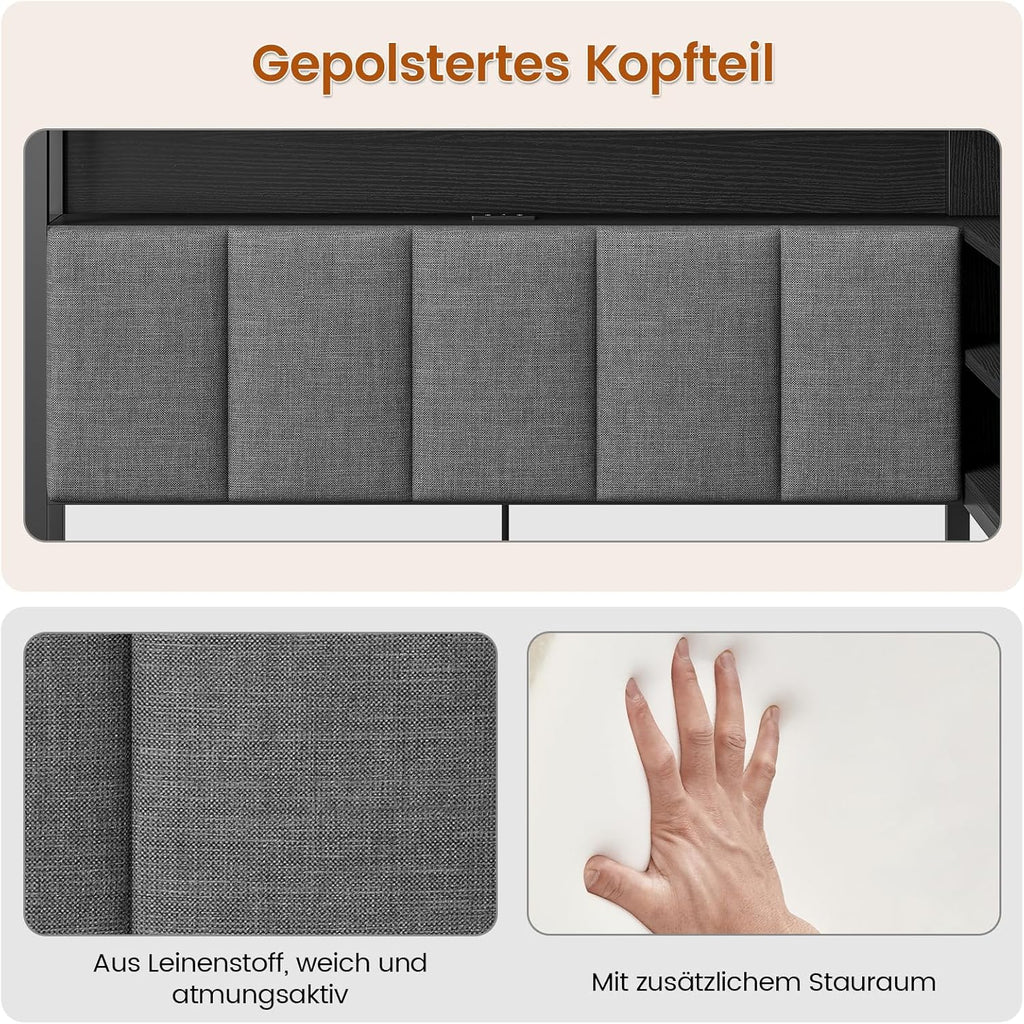 Polsterbett Schlafsofa 90x200 mit LED-Beleuchtung, Ladestation, Tagesbett, Jugendbett mit 2 Schubladen und Lattenrost aus Metall, Kopfteil mit Stauraum, Offene Regale, Schrank, Schwarz