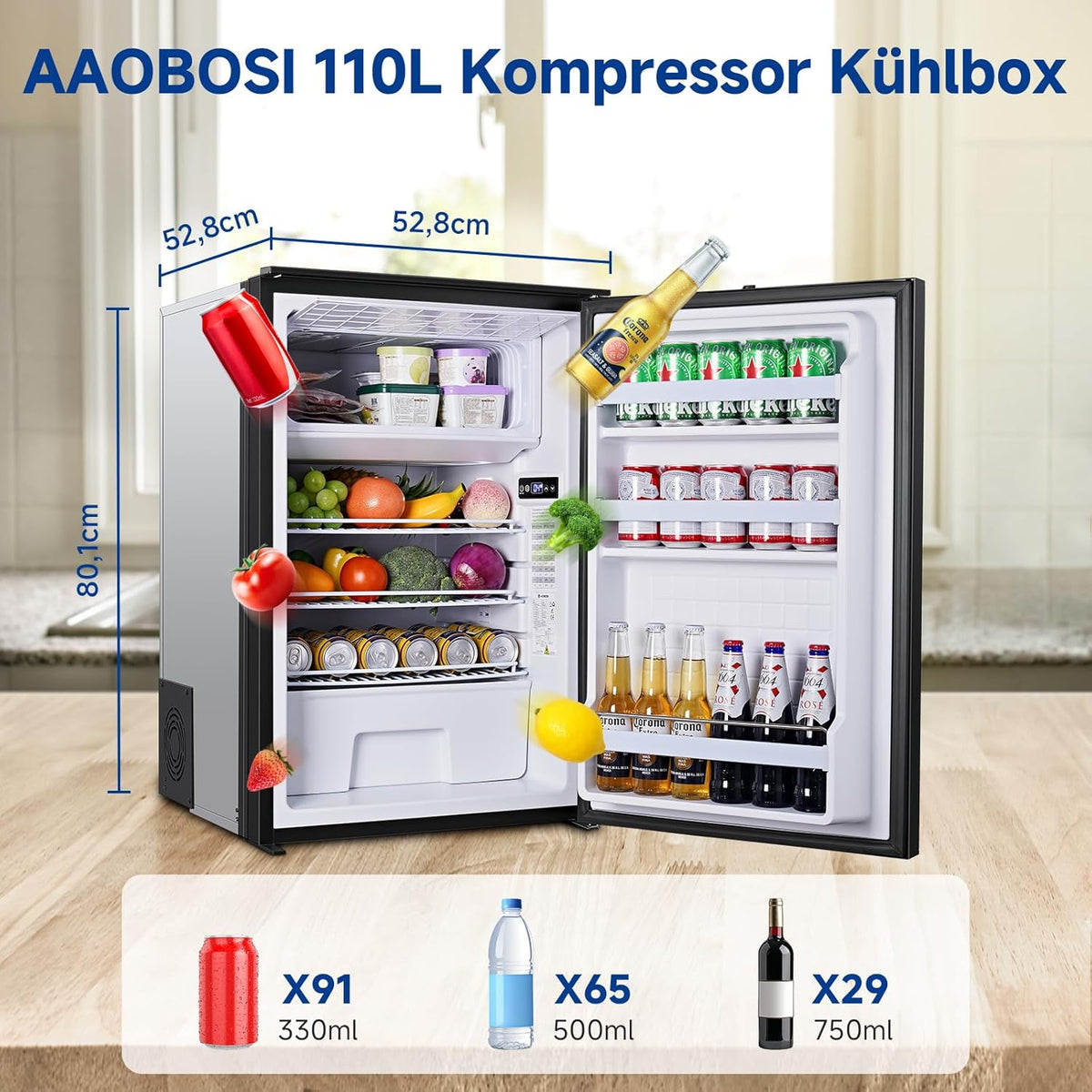 AAOBOSI 110L Kompressor Kühlbox, Zwei Temperaturzonen, Wohnmobil Kühlschrank mit LED-Leuchten, 12/24V DC, Großem Fassungsvermögen Kühlbox Auto, bis -15â„?für Auto, Wohnmobile, Boote, Camping und Reisen
