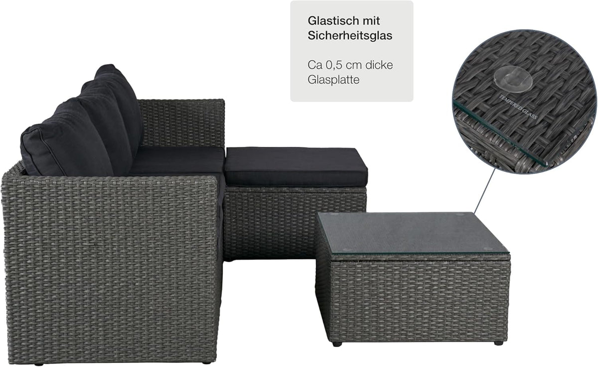 LC Garden Loungino Polyrattan Lounge grau-Mix für 3-4 Personen, Balkonmöbel Sitzgruppe mit Tisch + Hocker, Gartenlounge, Ecksofa für Balkon + Terrasse
