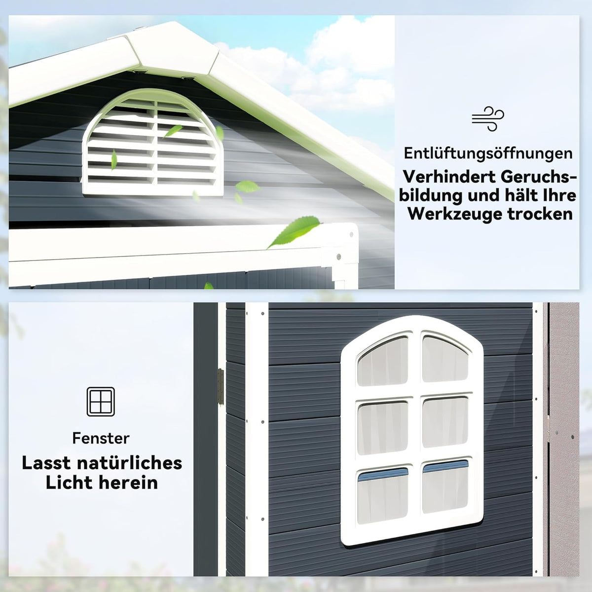 Outsunny Gerätehaus 1,1m², Geräteschuppen mit Satteldach, 134 x 104 x 204 cm, Kunststoff Geräteschuppen mit Abschließbar Tür Belüftungsöffnung Fenster Fundament, Gartenhaus für Garten Dunkelgrau