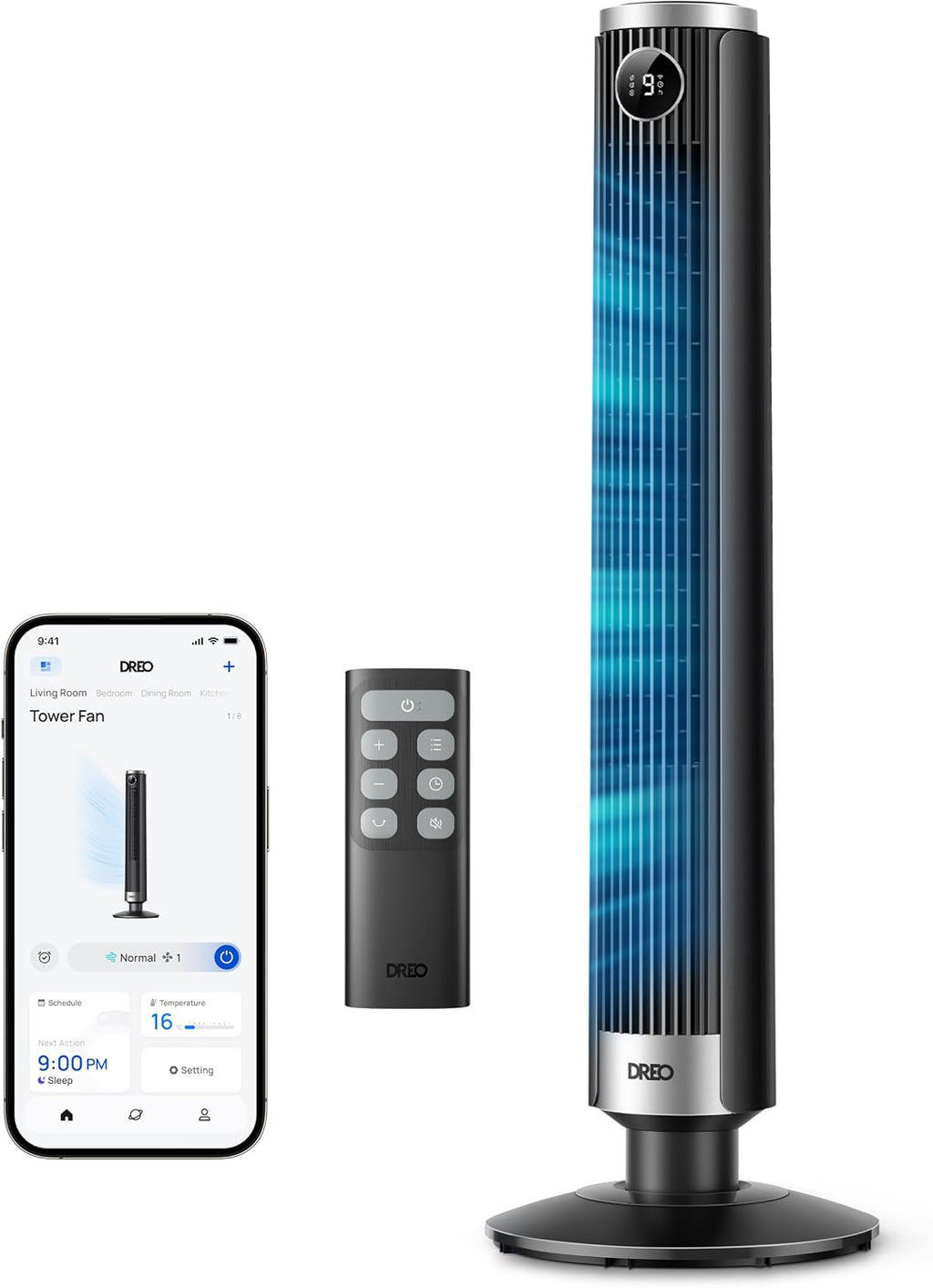 DREO Smart 102â€?14cm Turmventilator fürs Schlafzimmer, Höhenverstellbar, 8.4m/s, DC-Motor, 9 Stufen, 4 Modi, 90°-Oszillation, Standventilator, 20dB Leise, 12H Timer für Zuhause und Büro, Google/Alexa