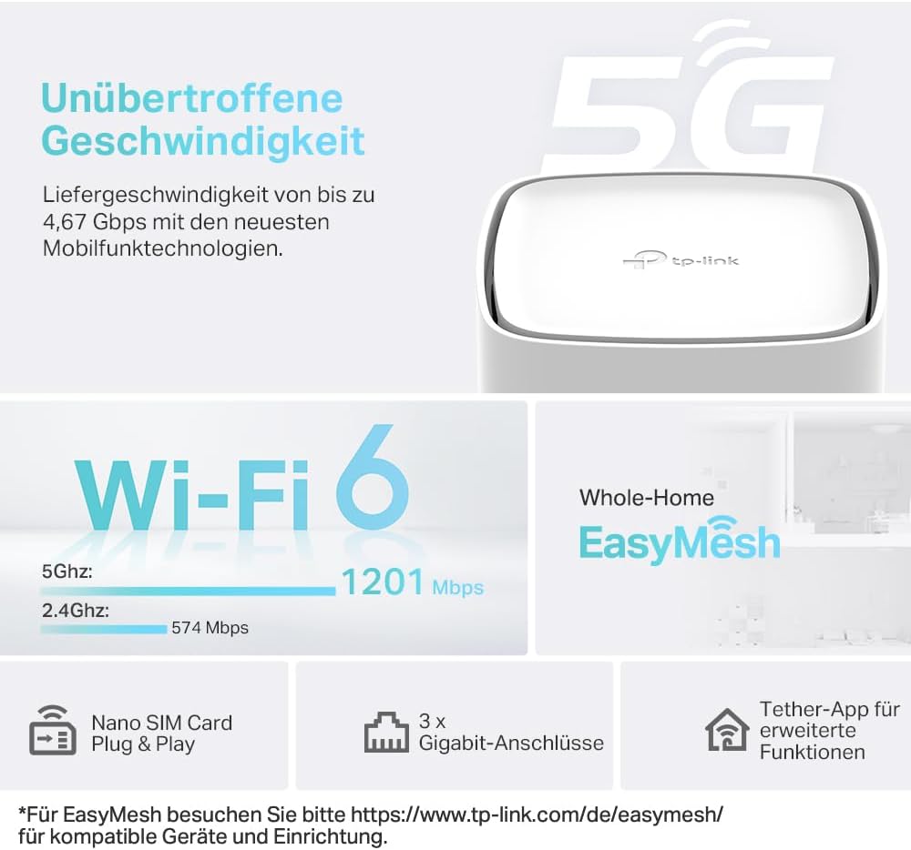 TP-Link Archer NX200 LTE WLAN Router, 5G Router SIM-Karte, AX1800 Dualband-WLAN 6, 3 x Gigabit-Ports, MU-MIMO, Web- und APP-Verwaltung, Plug-and-Play