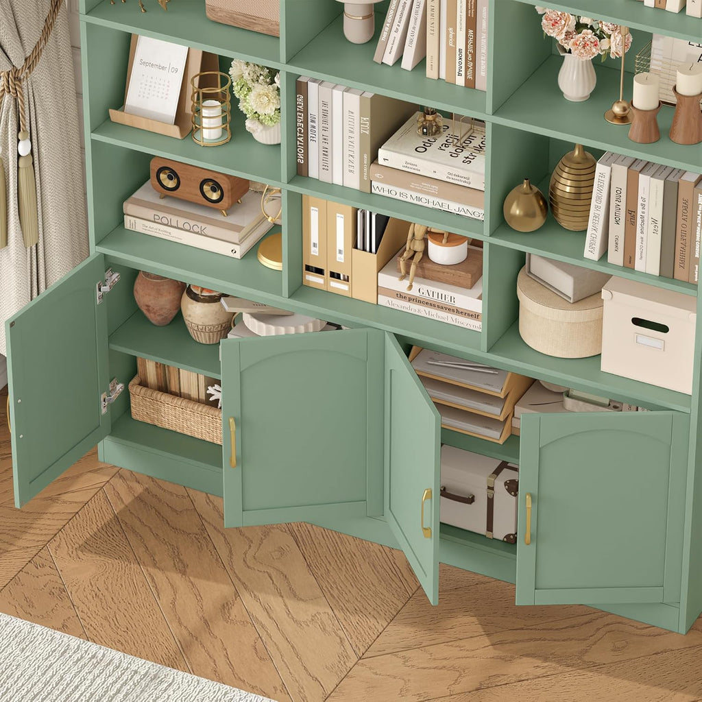 FirFurd 209 cm Bücherregal mit Türen Bücherschrank mit 15 Fächern Vitrinenschrank Hochschrank Holz Mehrzweckschrank groß für Wohnzimmer Arbeitszimmer Küche 150 x 23,7 x 209 cm Grün