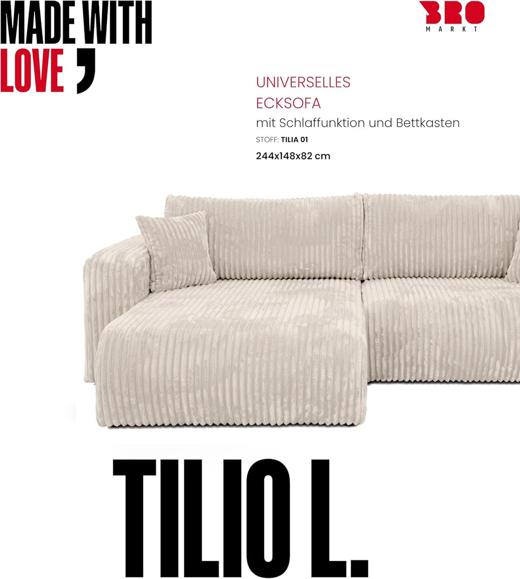 BROMARKT Ecksofa mit Schlaffunktion Creme Couch L-Form Cordstoff Sofa mit Bettkasten Wohnzimmer Schlafcouch Schlafsofa mit Stauraum Eckcouch 3 Sitzer Wohnlandschaft 244x148x82 cm TILIO