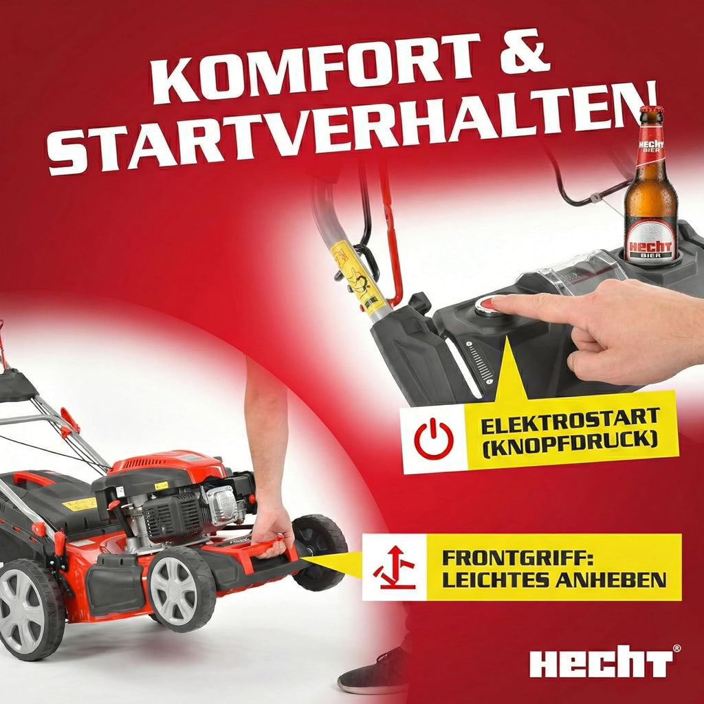 HECHT 5-IN-1 Benzin Rasenmäher - leistungsstarker 4 Takt Eco Motor 4,4 kW (6,0 PS) - Elektrostart - 53 cm Schnittbreite - 75 l Fangkorb - Radantrieb - patentierte Räder - Mulchmäher