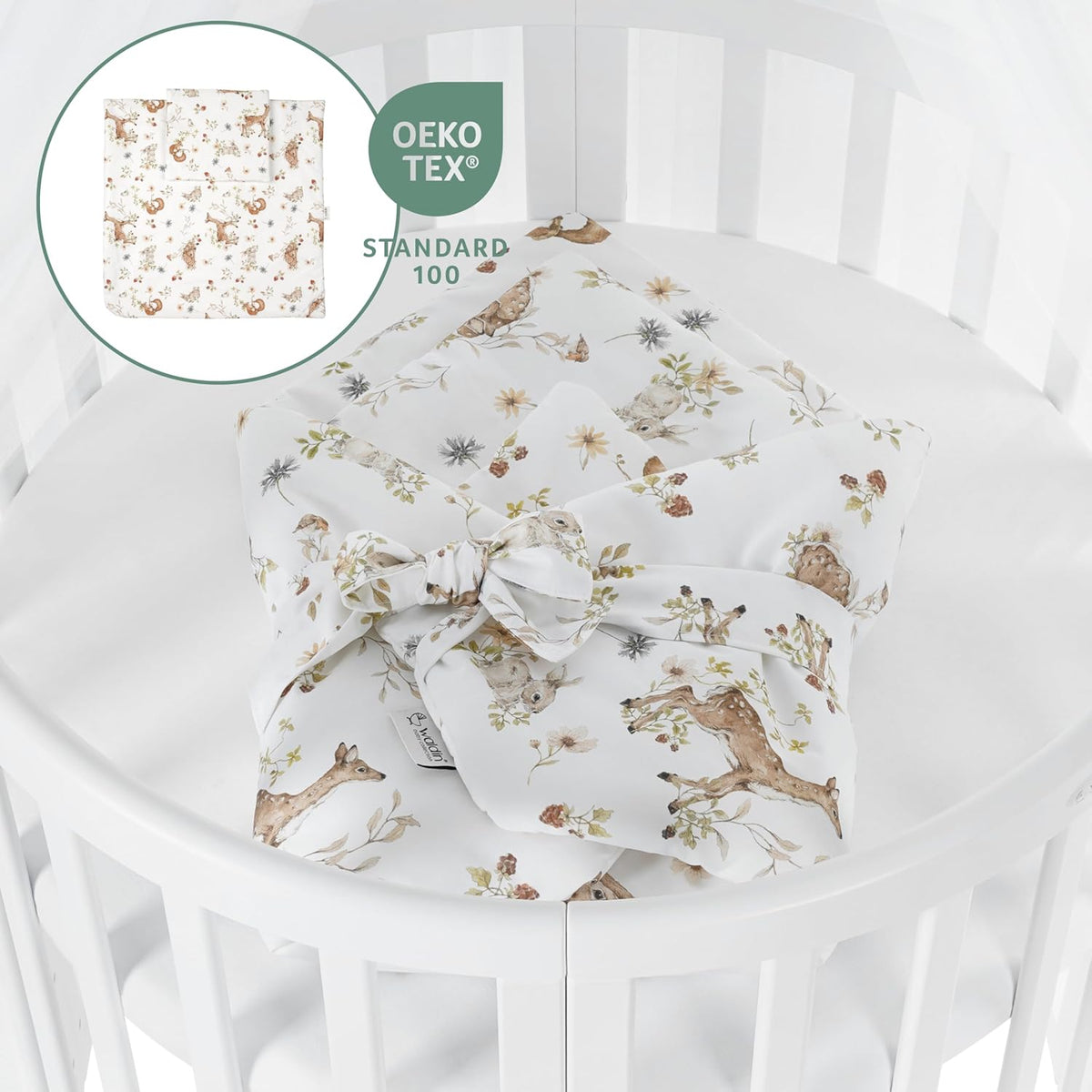 Waldin Oval Baby-Bett Mitwachsend Komplett Set 7in1, Gitterbett, Kinderbett mit Matratze, Wickelkommode, Beistellbett, Holz Weiß