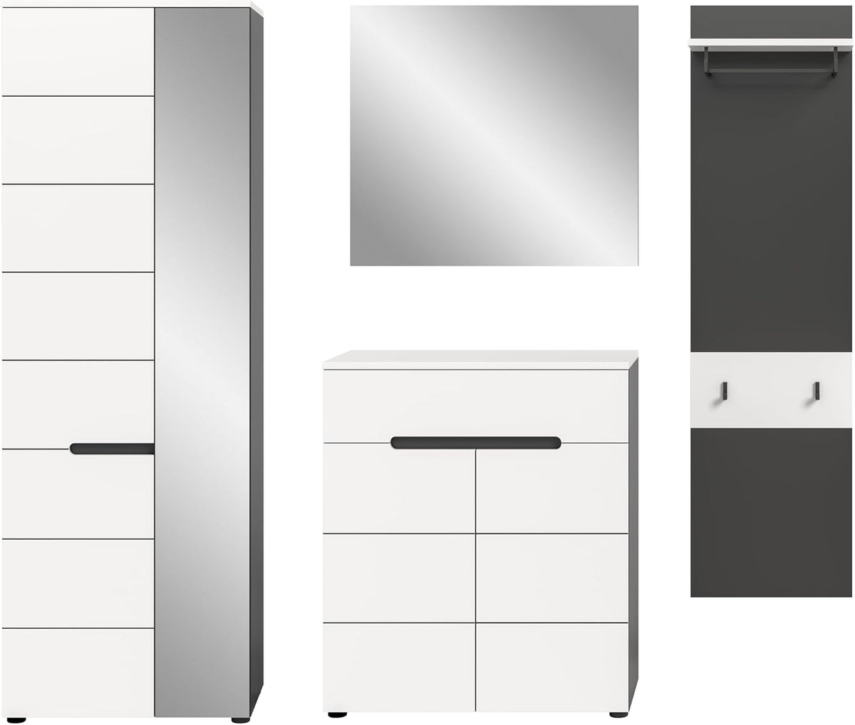 xonox.home - Garderobenkombination Canu 4tlg. 220x190x37 cm in Korpus Basalt grau Nb., Front weiß Nb. - Garderobenschrank Garderobenmöbel Flurmöbel-Set Flursystem Stauraumlösung
