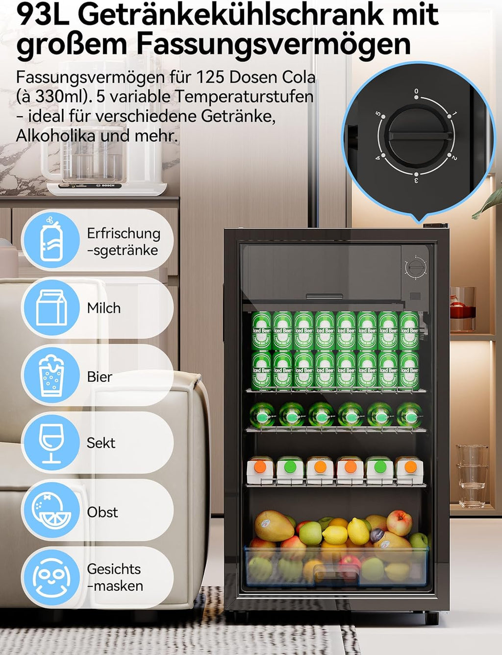 Devoko Getränkekühlschrank mit Glast,93L Minikühlschrank,mit RGB LED Lichtern,verstellbare Einlegeböden, Indoor/Outdoor,für zu Hause, Büro, Partys  und  Gastro,Minibar, Kühlschrank Schwarz
