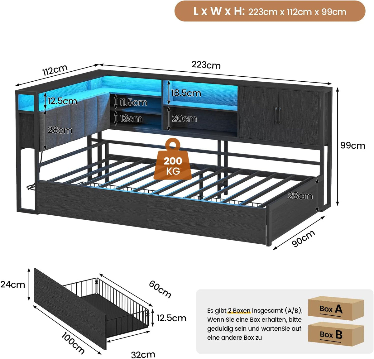 Polsterbett Schlafsofa 90x200 mit LED-Beleuchtung, Ladestation, Tagesbett, Jugendbett mit 2 Schubladen und Lattenrost aus Metall, Kopfteil mit Stauraum, Offene Regale, Schrank, Schwarz