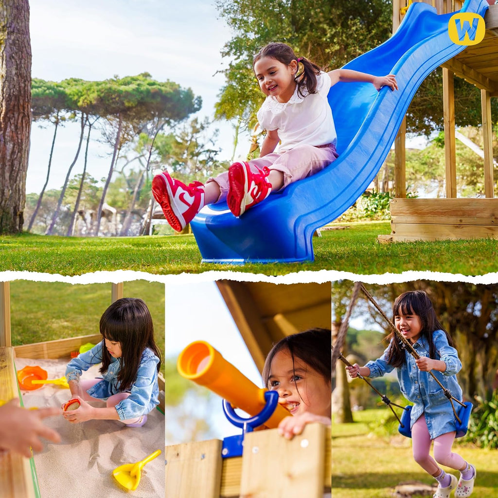 WICKEY Spielturm Klettergerüst MultiFlyer mit Holzdach, Schaukel & pastellgrüner Rutsche, Outdoor Kinder Kletterturm mit Sandkasten, Leiter & Spiel-Zubehör für den Garten