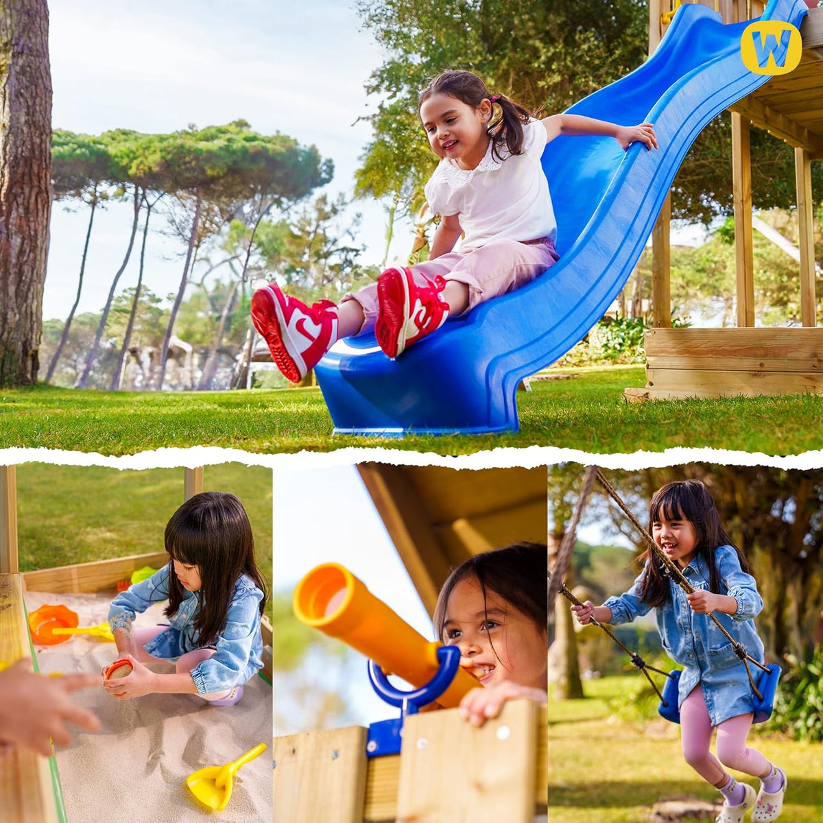 WICKEY Spielturm Klettergerüst MultiFlyer mit Holzdach, Schaukel & pastellgrüner Rutsche, Outdoor Kinder Kletterturm mit Sandkasten, Leiter & Spiel-Zubehör für den Garten