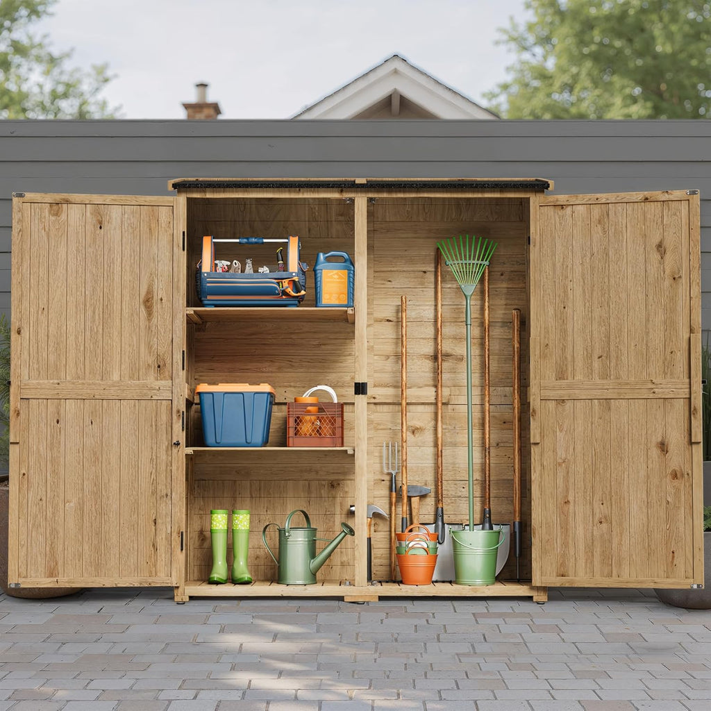 Gartenschrank Holz, Outdoor Geräteschrank, Gerätehaus mit Tür, Böden, Geräteschrank, Gartenhaus, Gartenschuppen für Garten, Terrasse & Balkon, 140x44x162cm, Natur