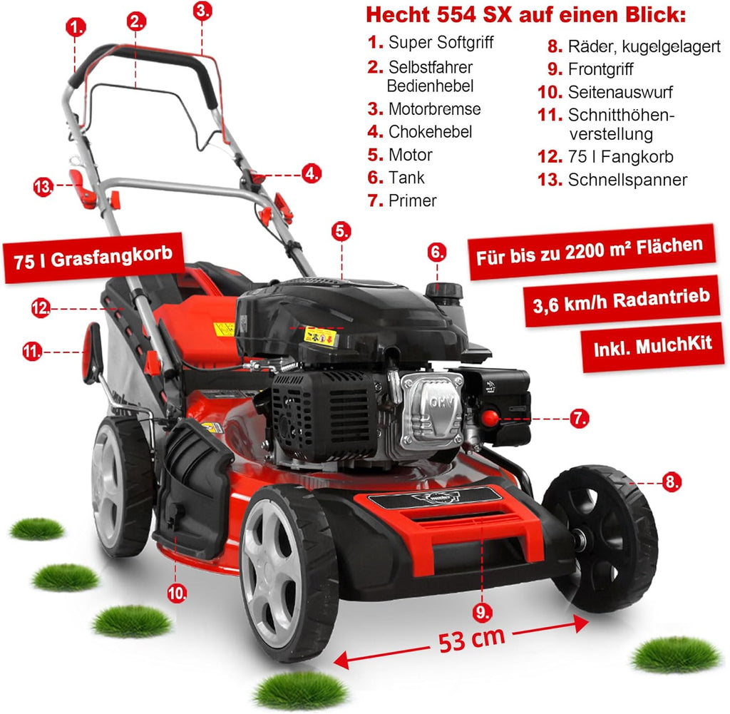 HECHT 5-IN-1 Benzin Rasenmäher â€?leistungsstarker 4 Takt Eco Motor 4,4 kW (6,0 PS) â€?Seilzug Starter â€?mit 53 cm Schnittbreite â€?75 l Fangkorb â€?Radantrieb â€?patentierte Räder â€?EasyClean â€?Mulchmäher