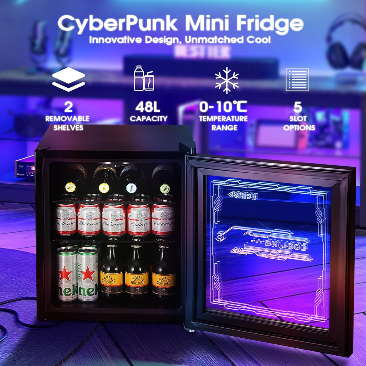 HCK Mini Kühlschrank 48L, Getränkekühlschrank mit Glastür und LED Beleuchtung, Cyberpunk Design, leise 39dB, 0-10â„?Bierkühlschrank für Gaming Room, Party, Bar, Schwarz