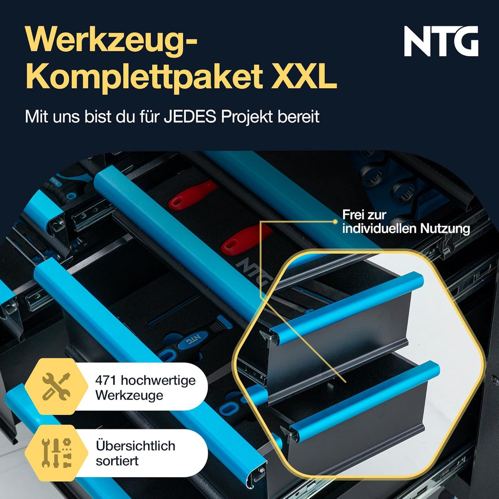 NTG Werkzeugwagen XXL â€?471-tlg. bestückt â€?12 Schubladen mit Holzarbeitsplatte, abschließbar, mobil auf Rollen â€?Profi Werkstattwagen aus Metall für Garage & Werkstatt