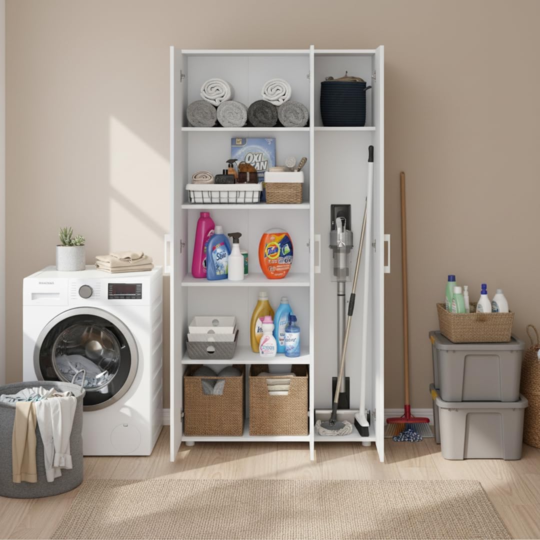 Bellamio Apol Mehrzweckschrank Weiß â€?Besenschrank 90 cm breit mit Stauraum â€?Putzschrank mit Staubsaugerfach â€?Vorratsschrank Küche - Aktenschrank aus Holz - Flurschrank â€?Aufbewahrungsschrank
