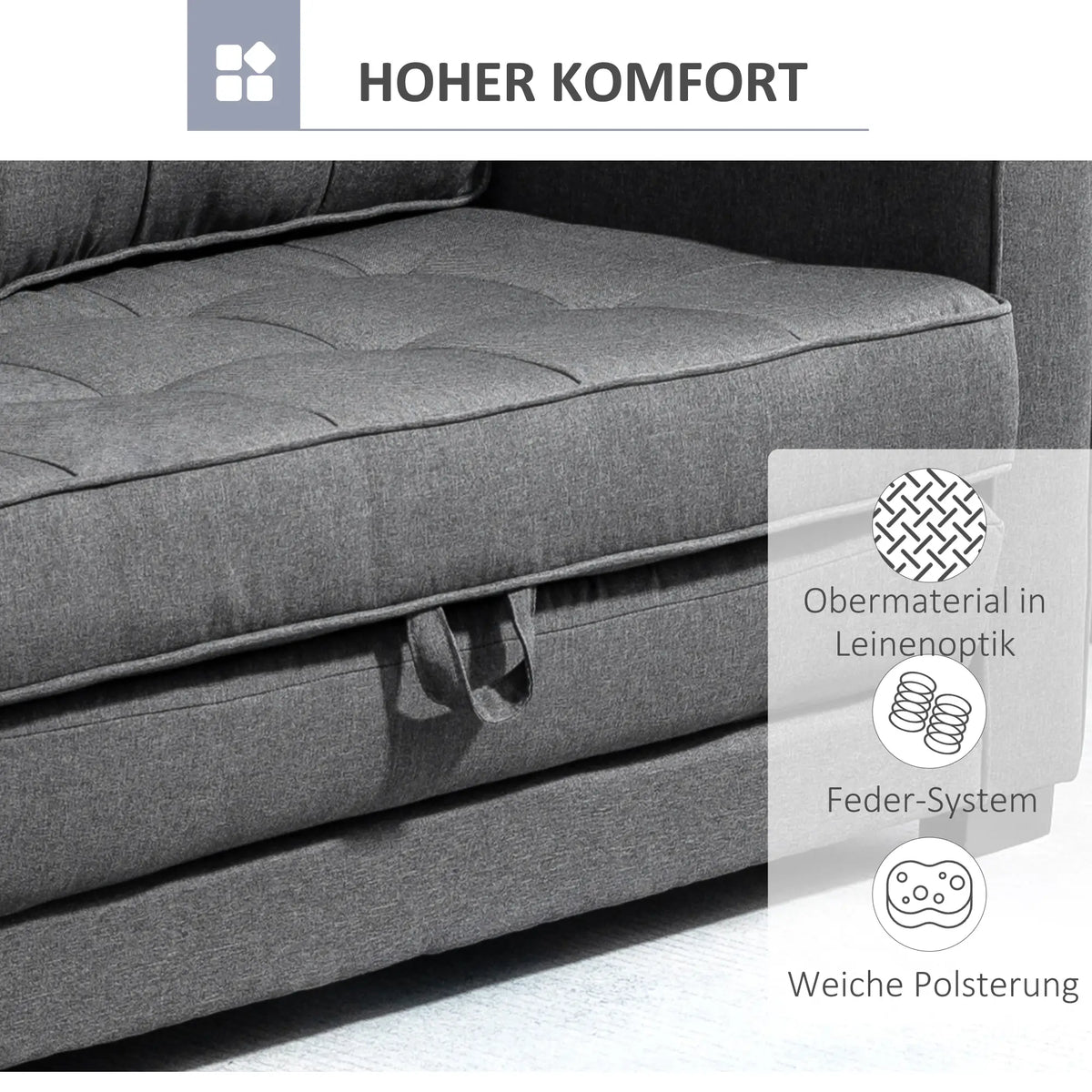 HOMCOM Schlafsofa 2-Sitzer ausziehbar Massivholz Federung Grau
