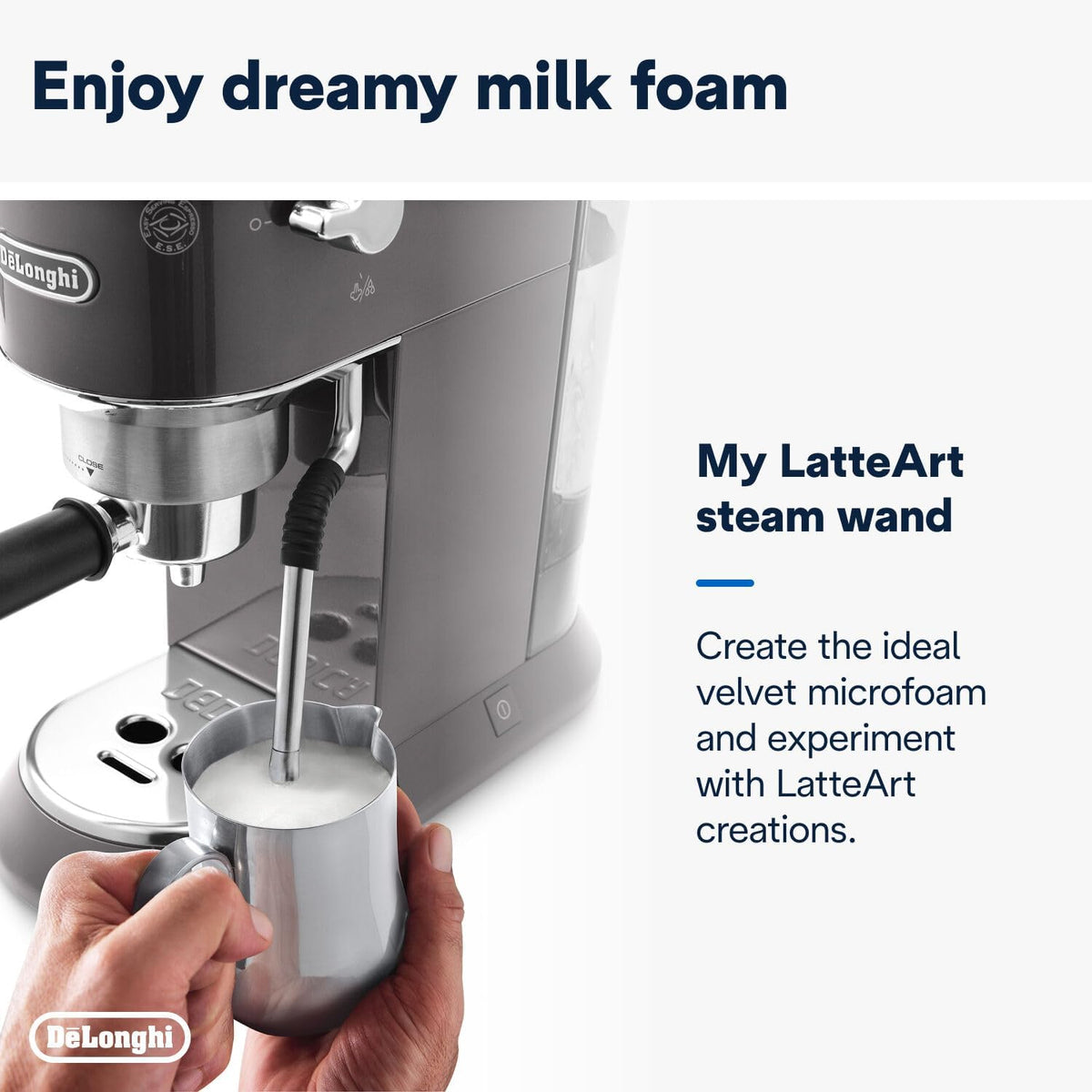 De'Longhi Dedica Style EC 685.M â€?Espresso Siebtrgermaschine, Espressomaschine mit professionellem Milchaufschumer, nur 15 cm breit, für Kaffeepulver oder ESE Pads, 1 l Wassertank, silber