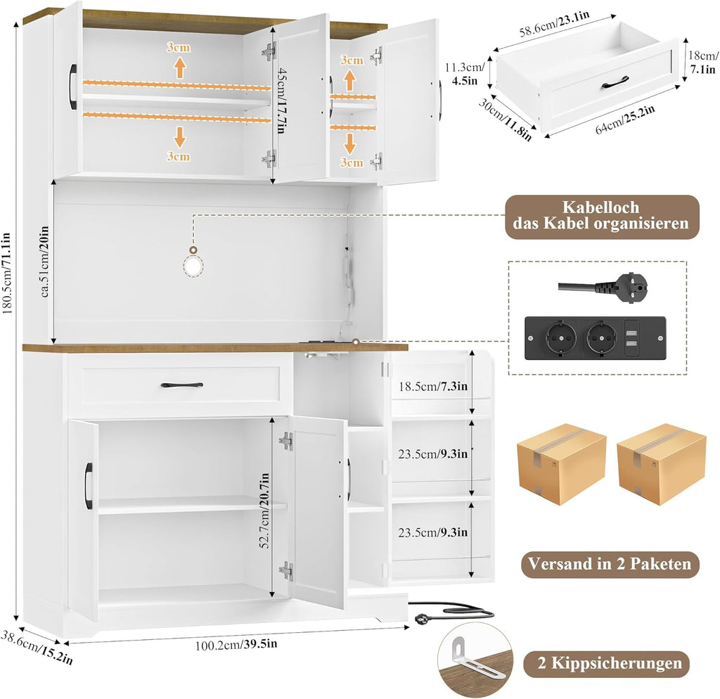 FirFurd 180cm Küchenschrank mit LED & Gewürzregal Buffetschrank Sideboard für Küche mit Steckdosenleiste Küchenschrank mit Arbeitsplatte Küchenbuffet Küchenmöbel 180x100x38cm weiß