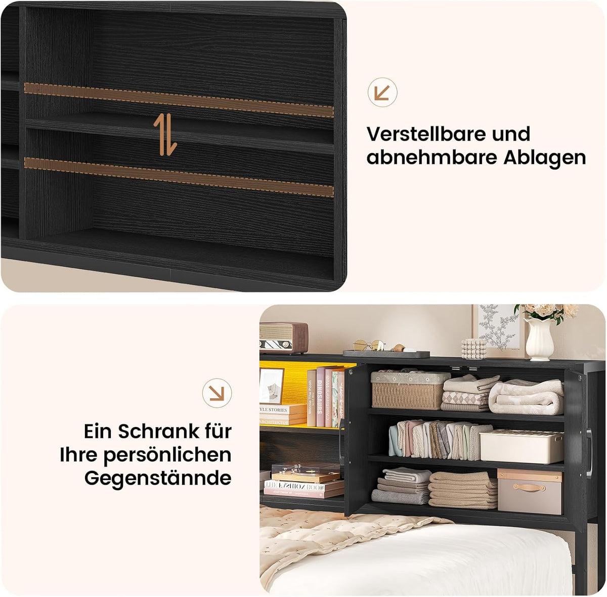 Polsterbett Schlafsofa 90x200 mit LED-Beleuchtung, Ladestation, Tagesbett, Jugendbett mit 2 Schubladen und Lattenrost aus Metall, Kopfteil mit Stauraum, Offene Regale, Schrank, Schwarz