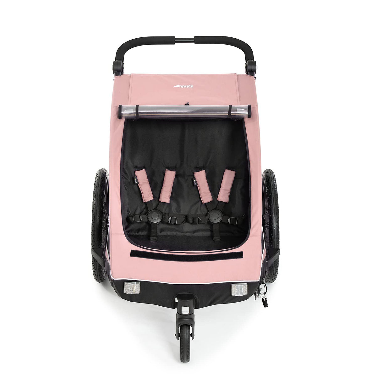 hauck Fahrradanhänger & Kinderwagen Dryk Duo Plus mit Federung, für 2 Kinder (6-48 Monate), inkl. Deichsel, Buggyrad, Fahne und LED Licht, Faltbar, Höhenverstellbar, XL Kofferaum (Dark Green)