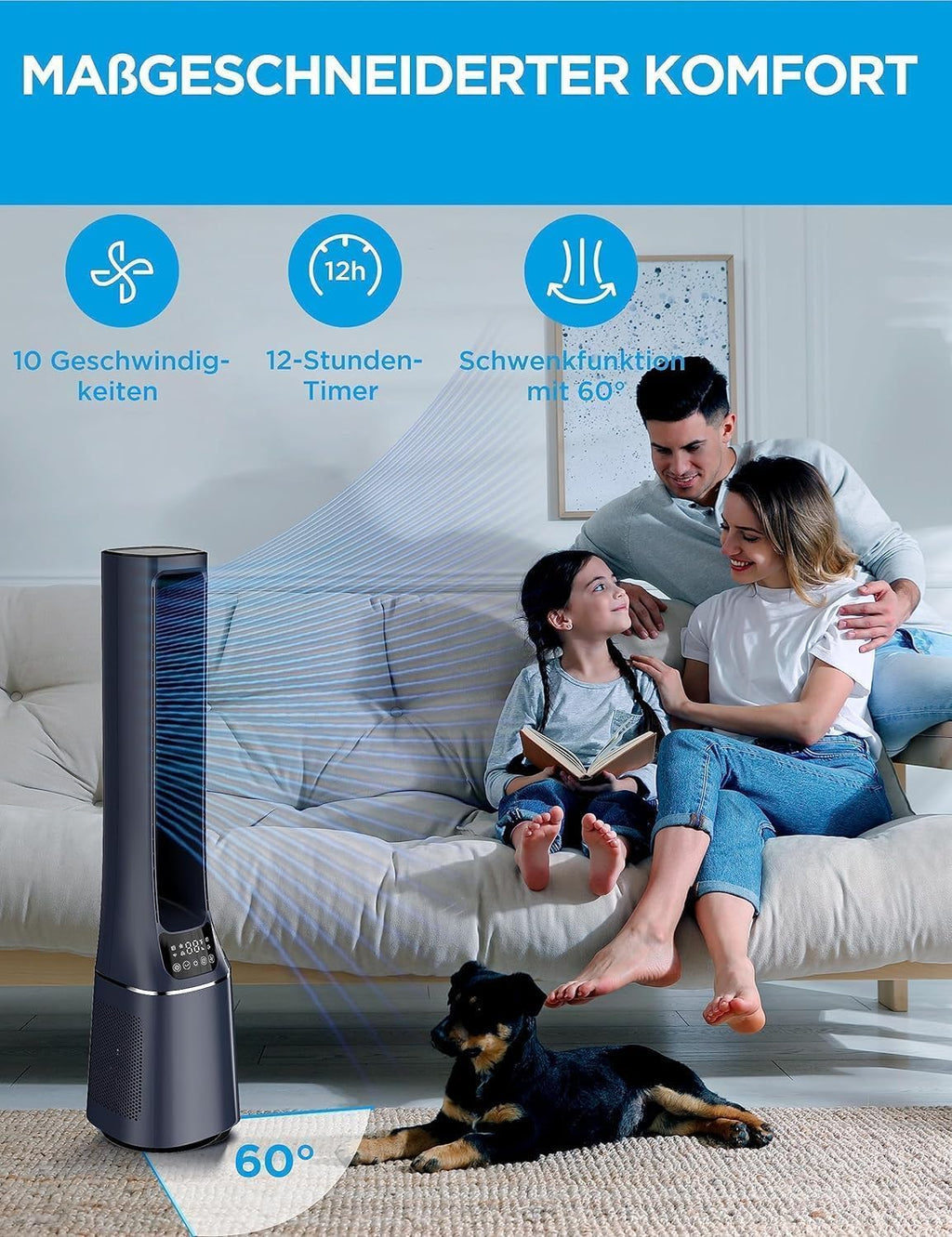 Midea MFP-120i (BL) 2 in 1 Turmventilator Leise 38dB Luftreiniger H13 True HEPA auf 47.6 ãŽ?LED Display Fernbedienung Oszillation 12H Timer Kompatibel für Wireless Connection App Alexa Google