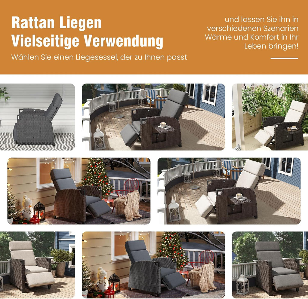 Amopatio Relaxliege Liegesessel, Rattan Sonnenliege mit Verstellbar Rückenlehne und Klapptisch, Outdoor Gartensessel wetterfestes, für Terrasse, Garten, Balkon â€?Beige & Braun