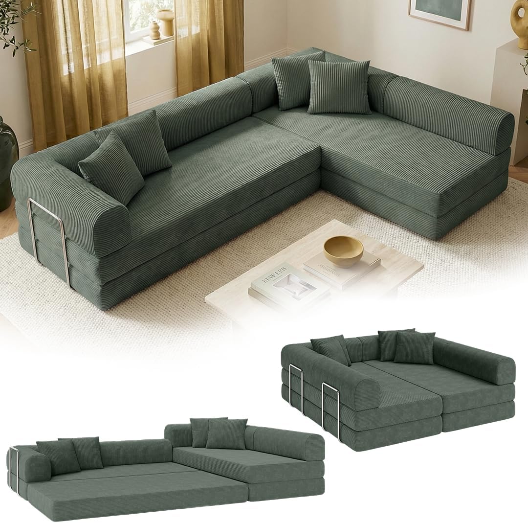 skølm Lofn Ecksofa 4 Sitzer â€?Wohnlandschaft L-Form Cord â€?Klappsofa 300cm breit Dunkelgrün â€?ausklappbar zum Schlafsofa, Bodensofa â€?Vollschaum Sofa mit 4 Kissen & Stahlgestell â€?Cloud Couch boneless | ohne Aufbau