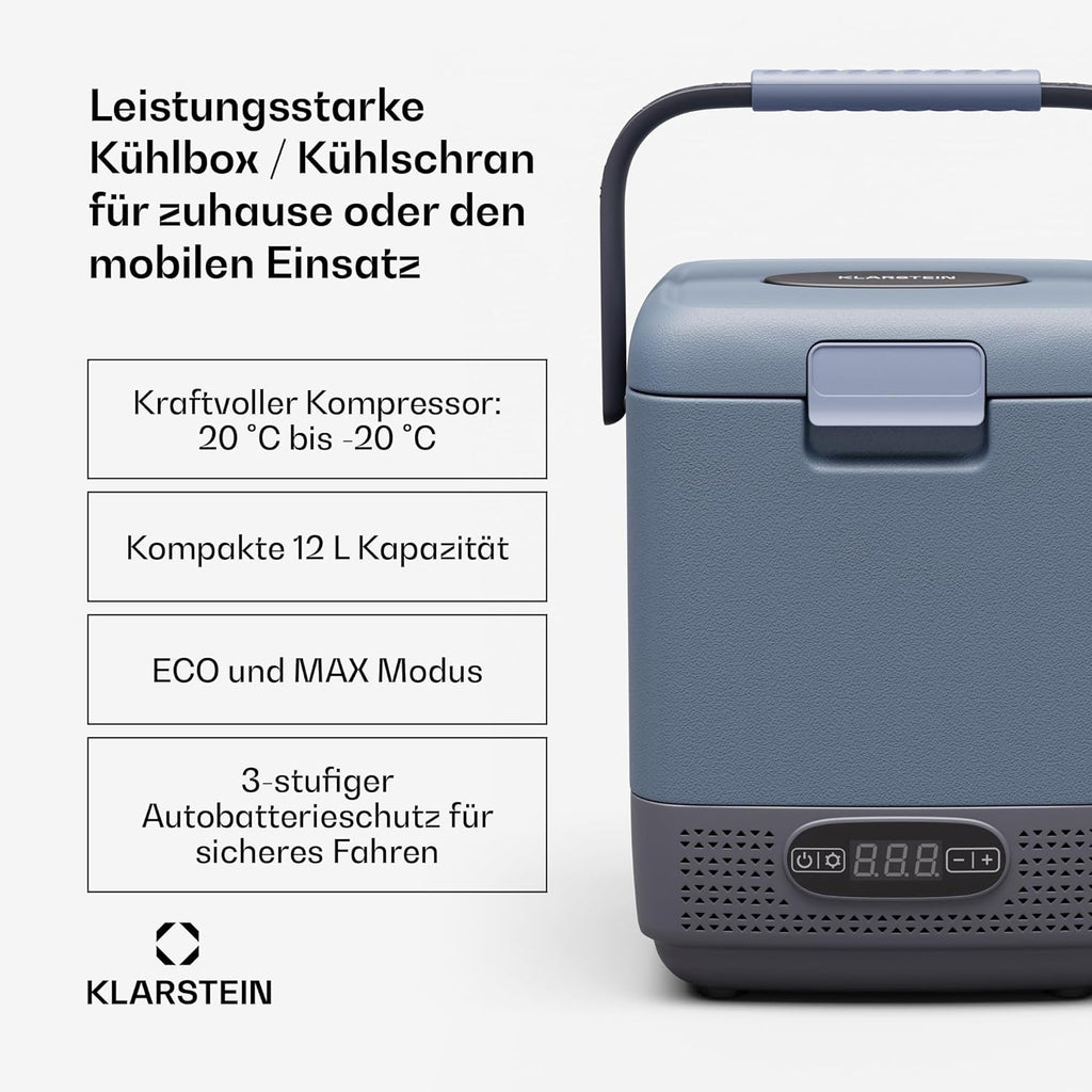 Klarstein SwiftFrost 12L Kompressor Kühlbox mit Gefrierfach â€?tragbare elektrische Kühlbox, LED-Anzeige, Dual Power (12 V/230 V), â€?0 °C bis 20 °C, ECO- und MAX-Modus, ideal für Camping und Auto