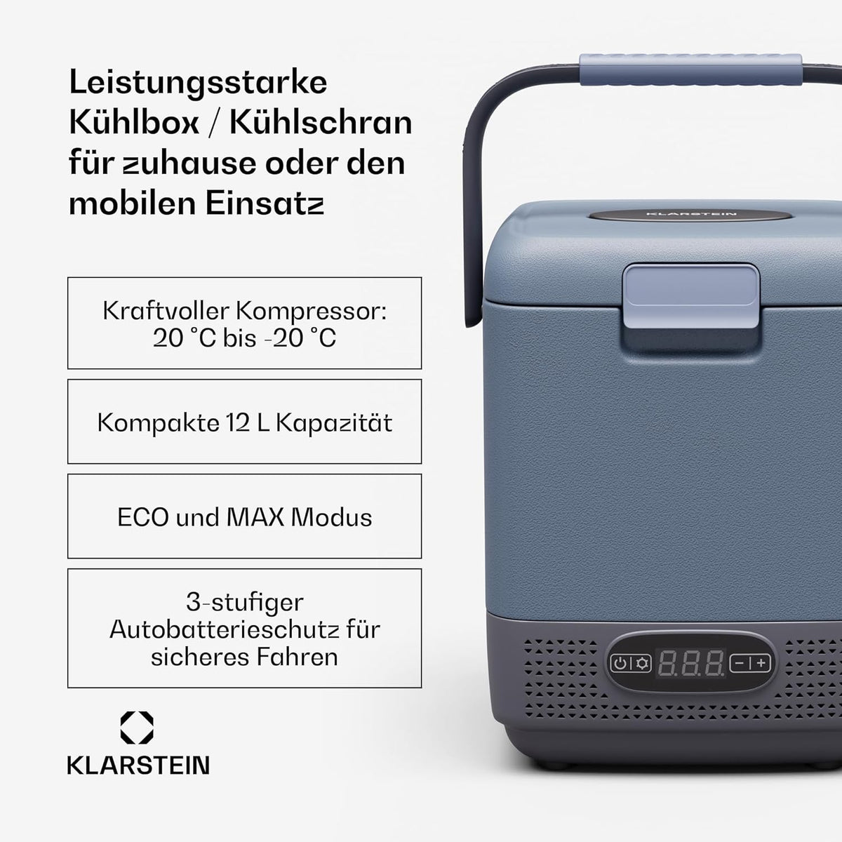 Klarstein SwiftFrost 12L Kompressor Kühlbox mit Gefrierfach â€?tragbare elektrische Kühlbox, LED-Anzeige, Dual Power (12 V/230 V), â€?0 °C bis 20 °C, ECO- und MAX-Modus, ideal für Camping und Auto