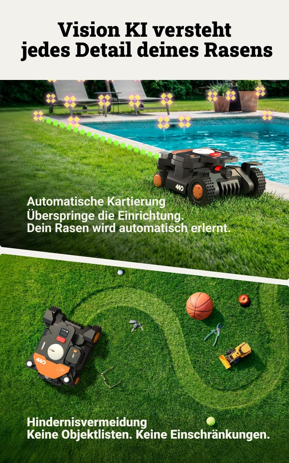 WORX Landroid Vision Cloud WR340E 4WD Mähroboter ohne Begrenzungskabel für 600 m² (KI-Hinderniserkennung, VSLAM+ RTK Cloud Navigation, 84% Steigung, Auto-Mapping, App-Steuerung)