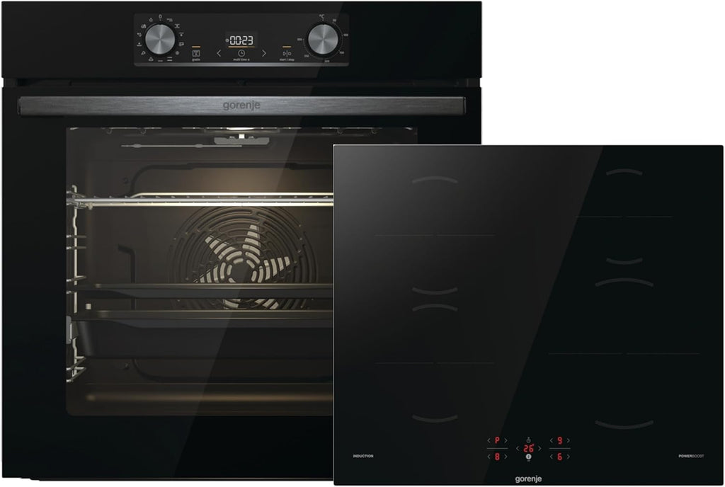 Gorenje Black Induction Set 2, Kombination aus autarkem Kochfeld GI6401BSC und Einbau-Backofen BOS6737E06BG, 77L, Made in Europe, ExtraSteam, AirFry, PizzaMode 300°C, PerfectGrill, schwarz