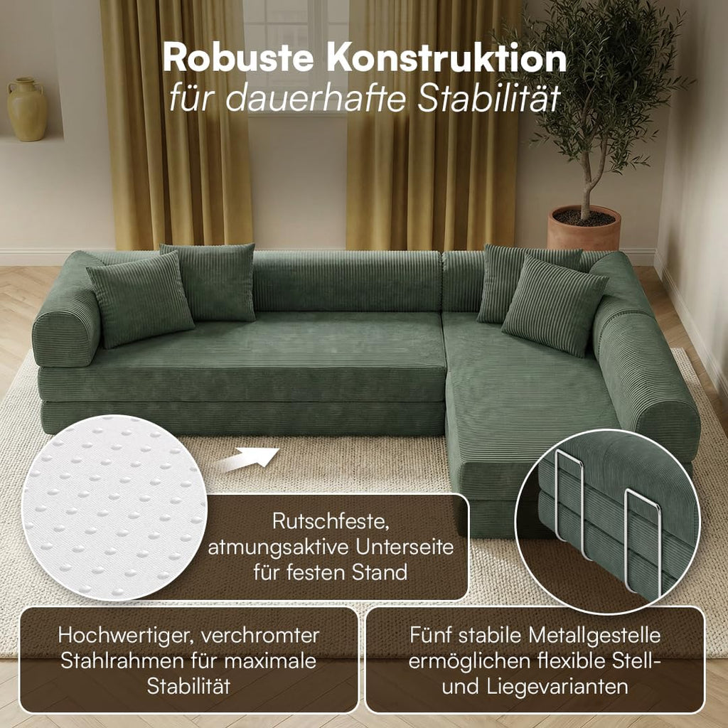 skølm Lofn Ecksofa 4 Sitzer â€?Wohnlandschaft L-Form Cord â€?Klappsofa 300cm breit Dunkelgrün â€?ausklappbar zum Schlafsofa, Bodensofa â€?Vollschaum Sofa mit 4 Kissen & Stahlgestell â€?Cloud Couch boneless | ohne Aufbau
