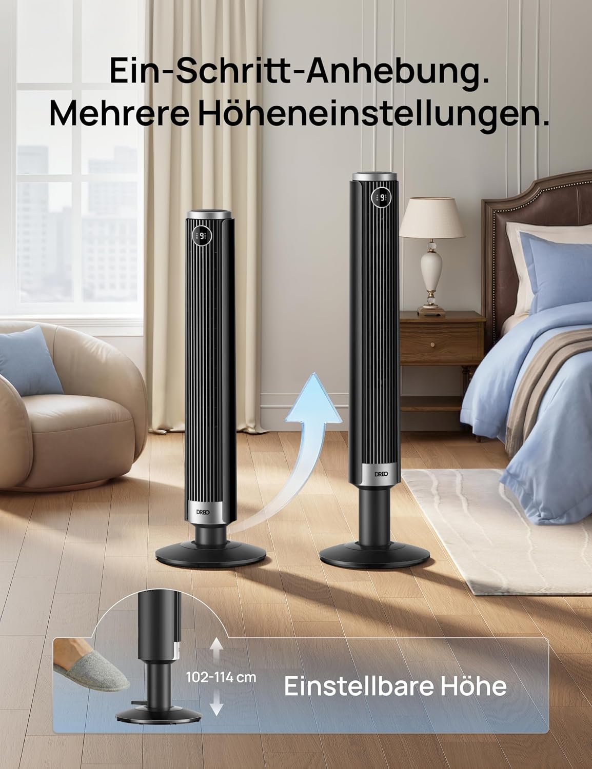 DREO Smart 102â€?14cm Turmventilator fürs Schlafzimmer, Höhenverstellbar, 8.4m/s, DC-Motor, 9 Stufen, 4 Modi, 90°-Oszillation, Standventilator, 20dB Leise, 12H Timer für Zuhause und Büro, Google/Alexa