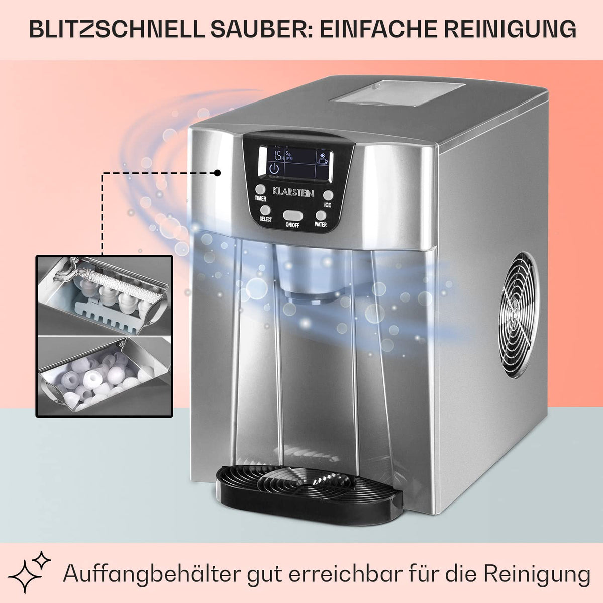 Klarstein Eiswürfelmaschine Klein, 2 L Eiswürfelbereiter  und  Wasserspender, Eiswürfelmaschine für 12 kg Große und Kleine Eiswürfel, Schnelle Mini mit Alarm