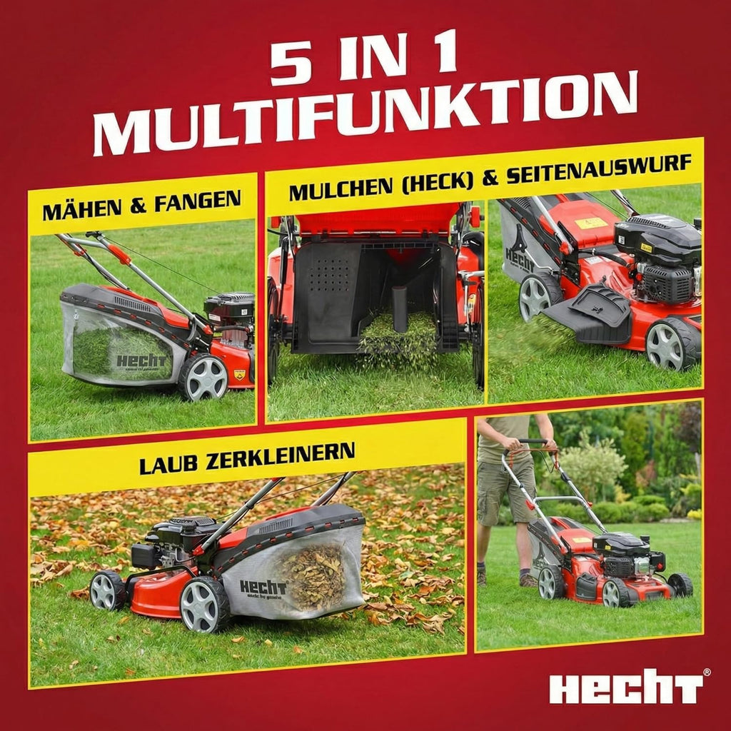 HECHT 5-IN-1 Benzin Rasenmäher - leistungsstarker 4 Takt Eco Motor 4,4 kW (6,0 PS) - Elektrostart - 53 cm Schnittbreite - 75 l Fangkorb - Radantrieb - patentierte Räder - Mulchmäher
