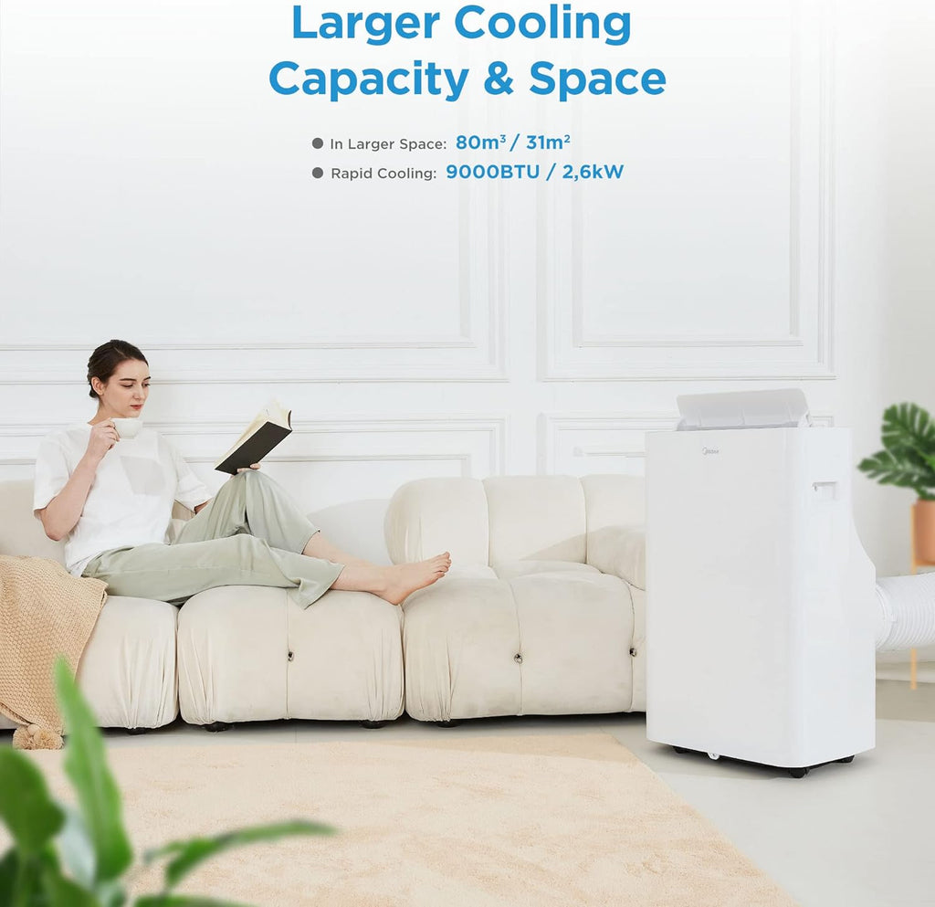 Midea Mobiles Klimagerät Silent Cool 26 Pro WF, 9000 BTU 2,6kW, Kühlen&Ventilieren&Entfeuchten, Raumgröße bis 88m³(33ãŽ?, APP-Steuerung/Alexa/Google Home/IFTTT, Mobile Klimaanlage mit Abluftschlauch