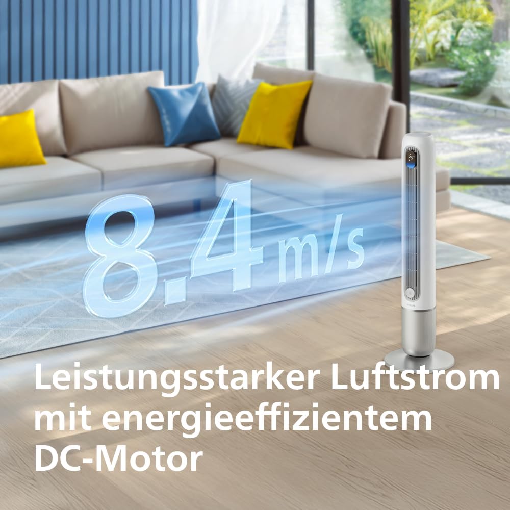 Philips Smarter Turmventilator 7000 Series â€?8,4 m/s stark, ultraleise 22 dB, energieeffizient, App & Fernbedienung, Wlan, 12 Stufen, Schlafmodus, Temp‑Anzeige, 12‑h Timer, 80° Oszillation (CX7550/00)