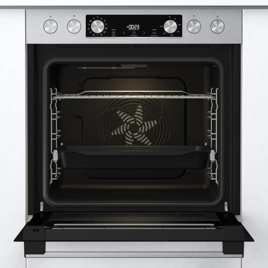 Gorenje Einbauherd-Set Heißluft Inox Set 4 mit Glaskeramik-Kochfeld / 77 Liter / ExtraSteam / GentleClose  und  Open / EcoClean / AirFry / PizzaMode / PerfectGrill / Teleskopauszüge / Inox-Look