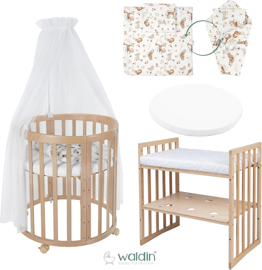 Waldin Oval Baby-Bett Mitwachsend Komplett Set 7in1, Gitterbett, Kinderbett mit Matratze, Wickelkommode, Beistellbett, Holz Weiß