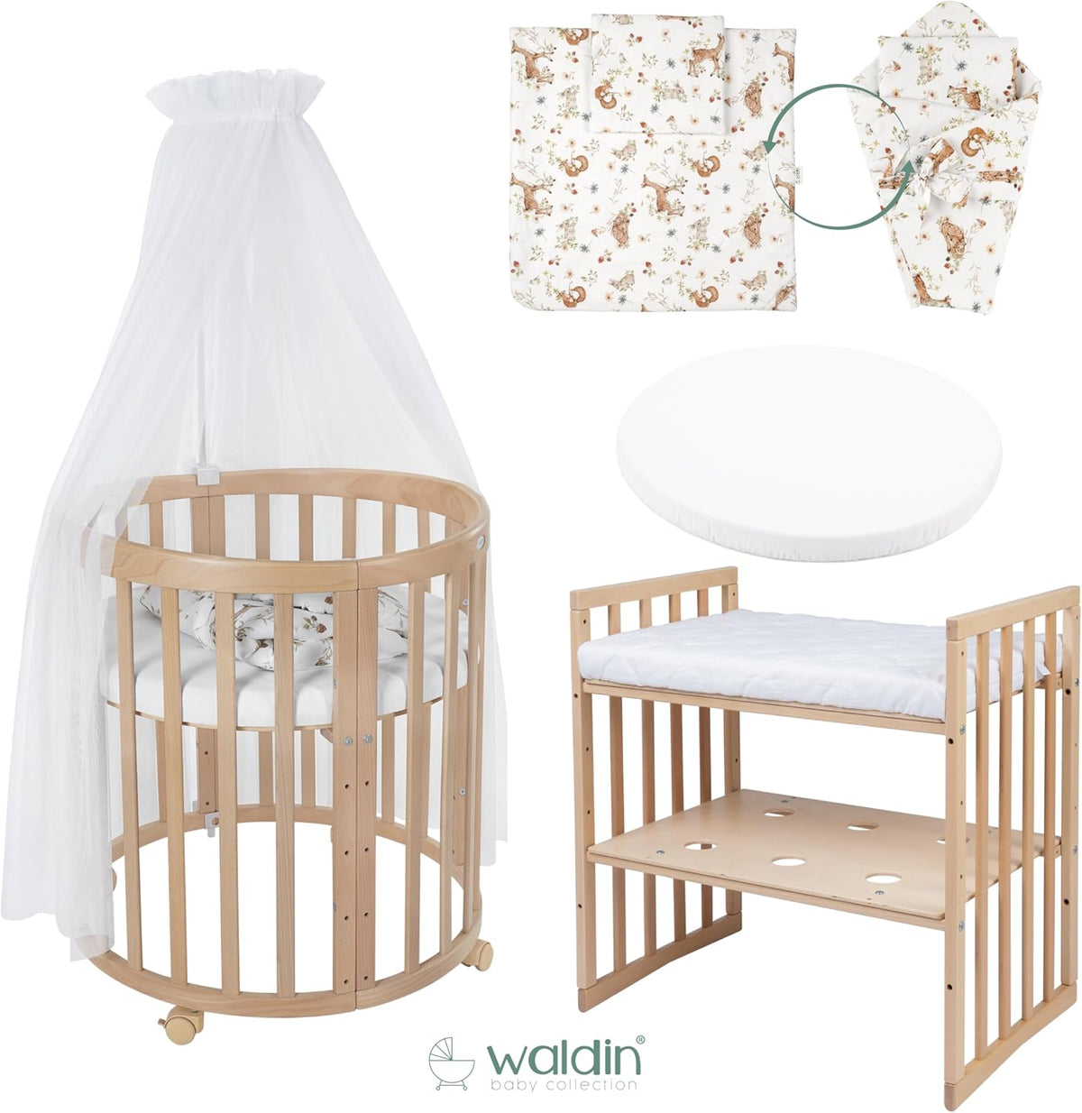 Waldin Oval Baby-Bett Mitwachsend Komplett Set 7in1, Gitterbett, Kinderbett mit Matratze, Wickelkommode, Beistellbett, Holz Weiß