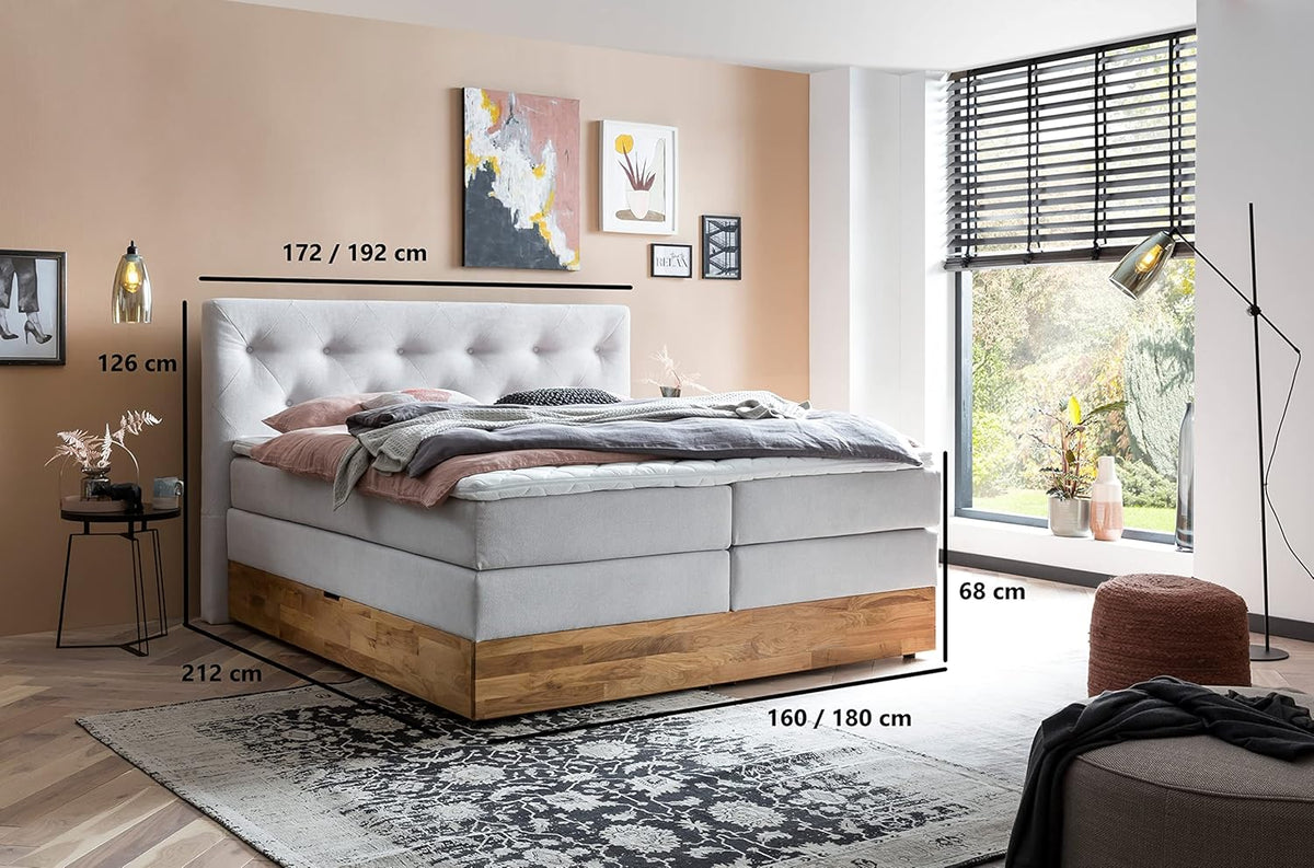 Belanoti MARBO Boxspringbett 180x200 mit Bettkasten 7-Zonen Taschenfederkern Matratze inklusive Visco Topper Bett 180x200 Eiche in der Farbe Weissgrau H2/H3 Polsterbett mit Massivholz Eiche
