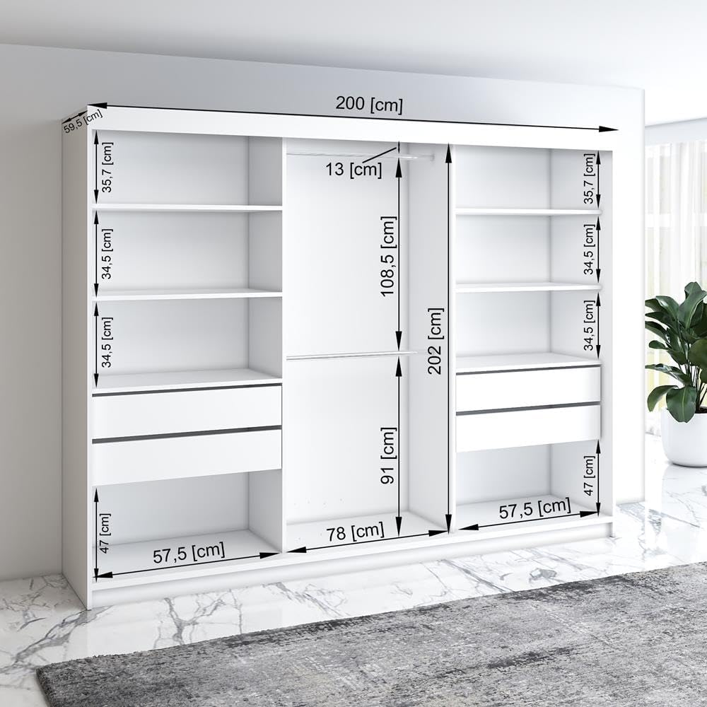 A und J MöbelLand Schwebetürenschrank VILUNO 2 Kleiderschrank 3-türig 200 cm mit Spiegel, 4 Schubladen  und  2 Kleiderstangen, Geräumiger Schlafzimmerschrank (Schwarz/Sonoma)