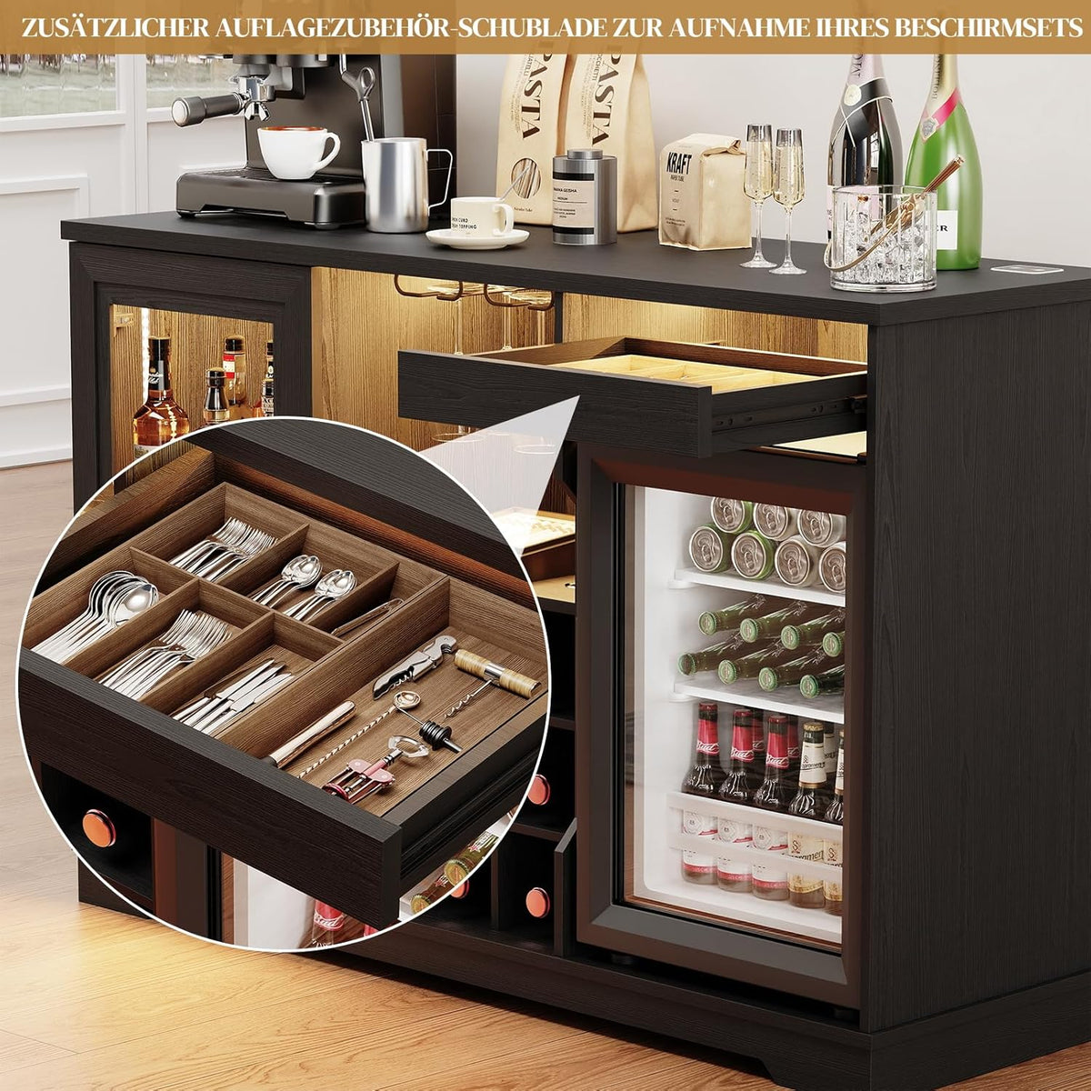 Barschrank mit Kühlschrank (inklusive), weinkühlschrank mit LED-Beleuchtung, Getränkeschrank Sideboard mit Bewegungssensor, Weinschrank für Wohnzimmer Küche Esszimmer (Schwarz)